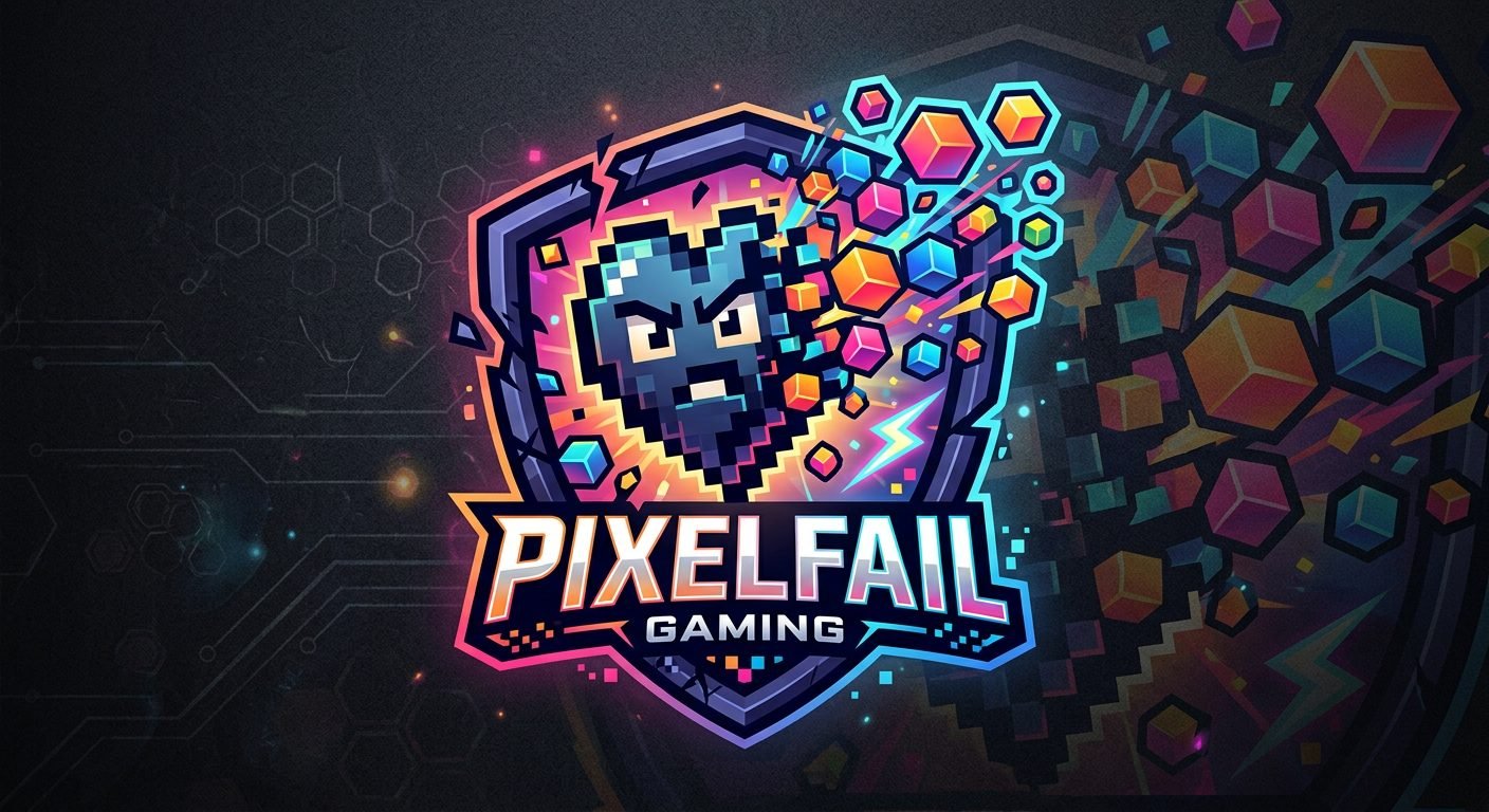 PixelFail crest — shattering pixel heart in neon on dark arcade background